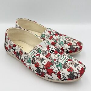 TOMS Wear Good Holiday‎ Dog Print Slip On Flats Womens 7.5 Christmas Cute Kitsch